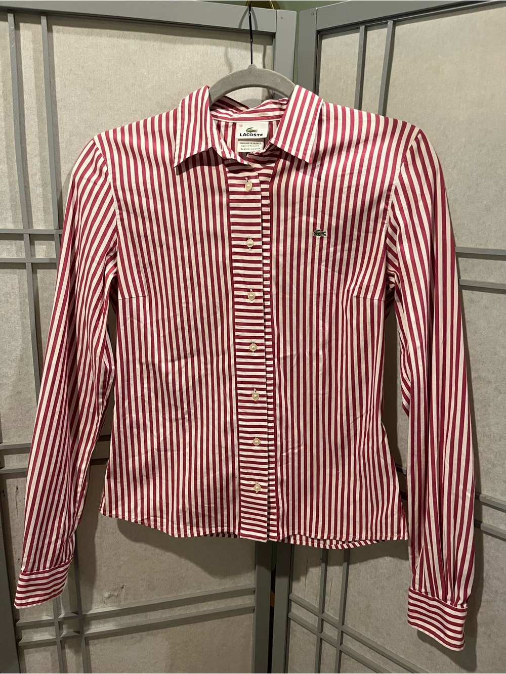 Lacoste Women’s Pink and White Vertical Stripe Dress Shirt 38 6 Small